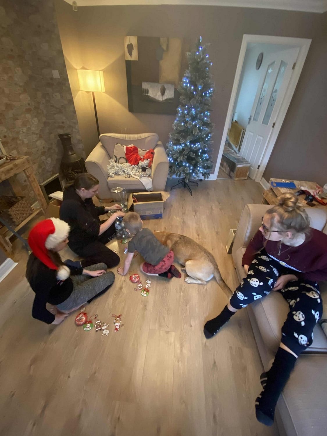 Kids sorting christmas decorations